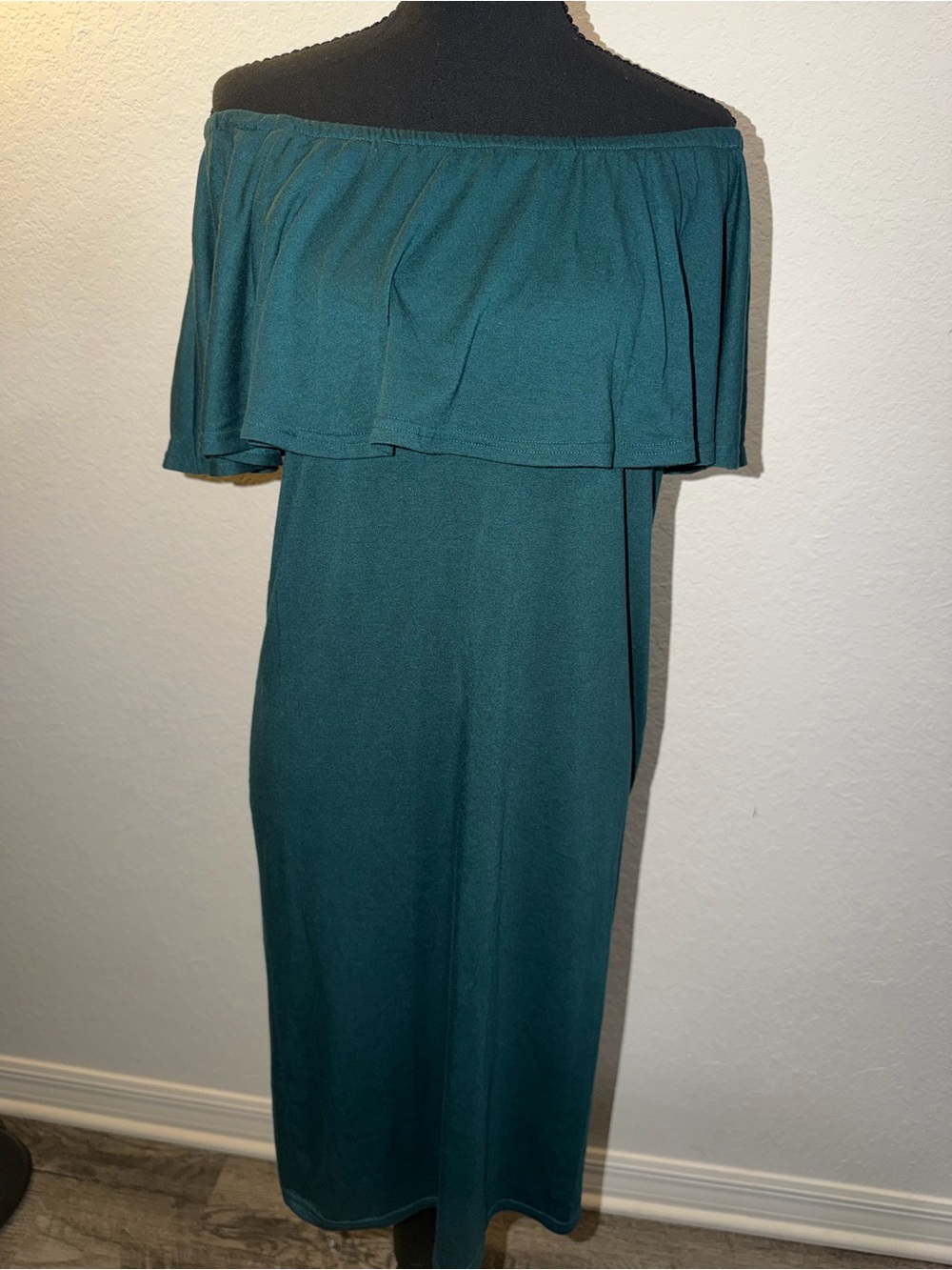 Off-Shoulder Teal Green Midi Dress with Ruffle Overlay